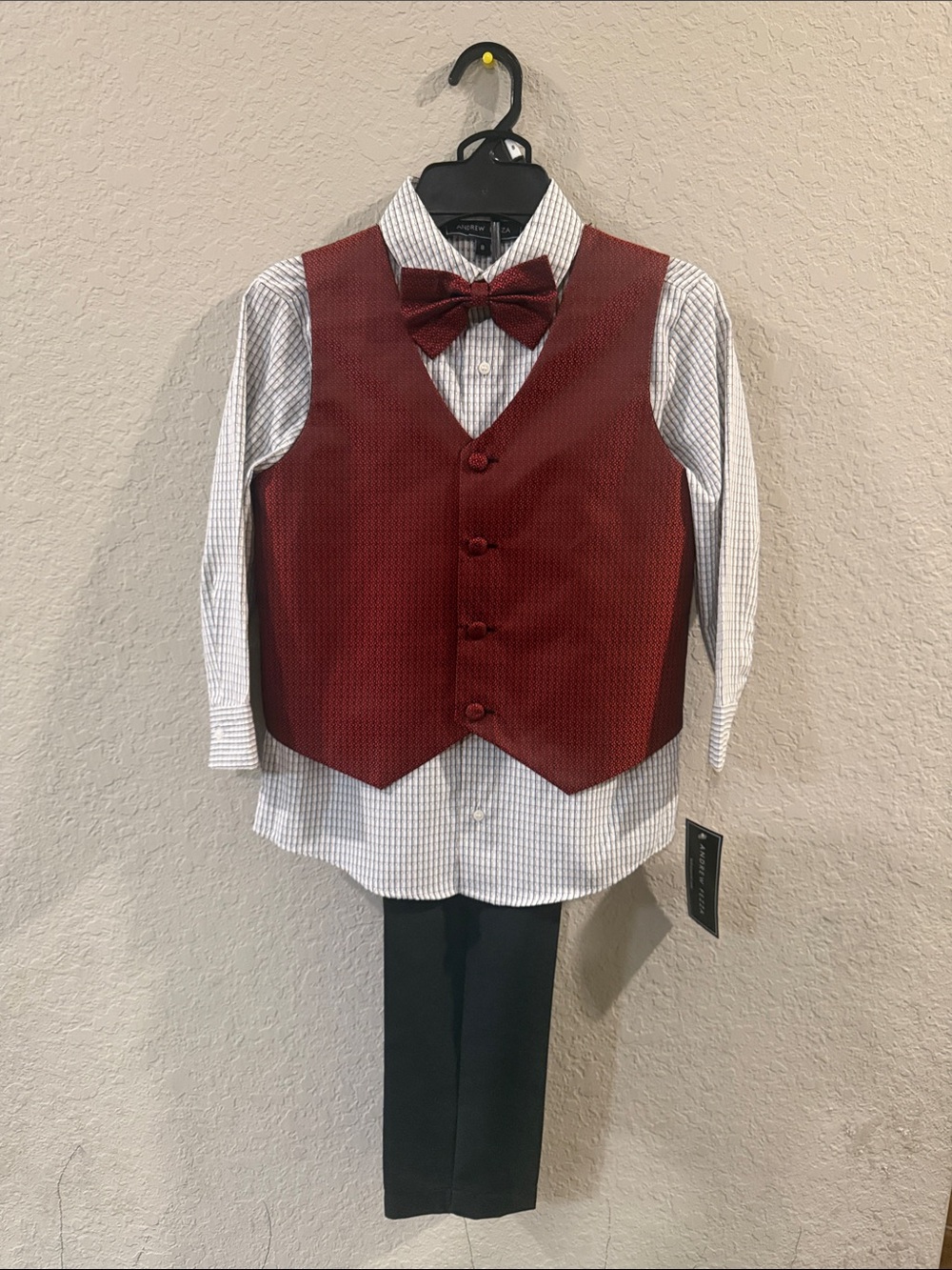 Andrew Fezza Boys' Burgundy Vest, Bow Tie & Black Pants Set